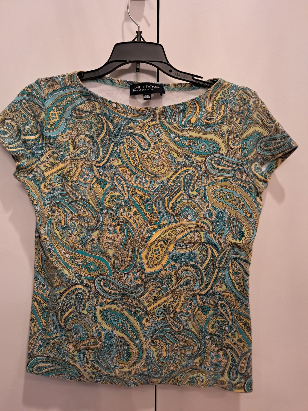 Jones New York Teal and Yellow Paisley Petite Short Sleeve Tee